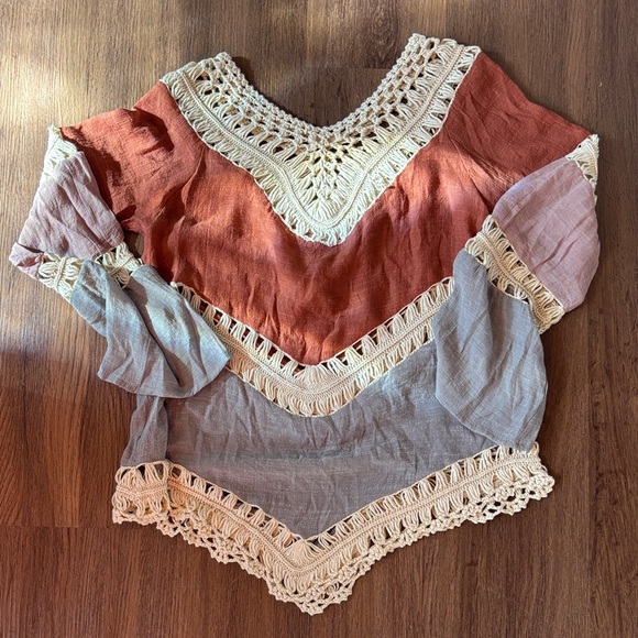 Bohemian Crochet Trim Color block Women’s  Top V Neck Festival Concert - Picture 7 of 9
